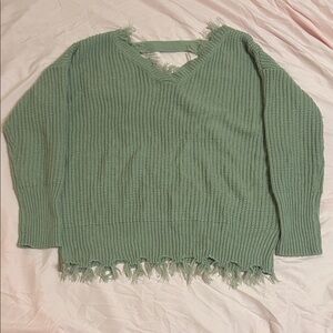 moon & madison Distressed V‑Neck Knit Sweater in Sage